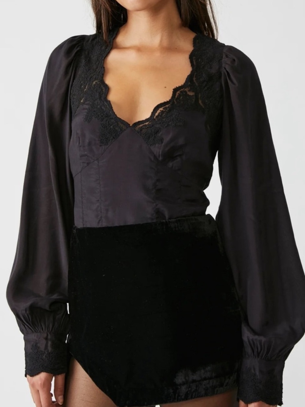 Free People Black Lace Trim Satin Bodysuit